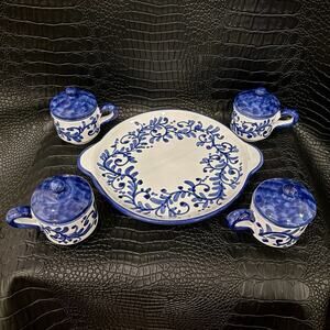 Cer. Giovanni Vietri S/M Hand Painted Ceramic Espresso Cups Lids & Serving Tray